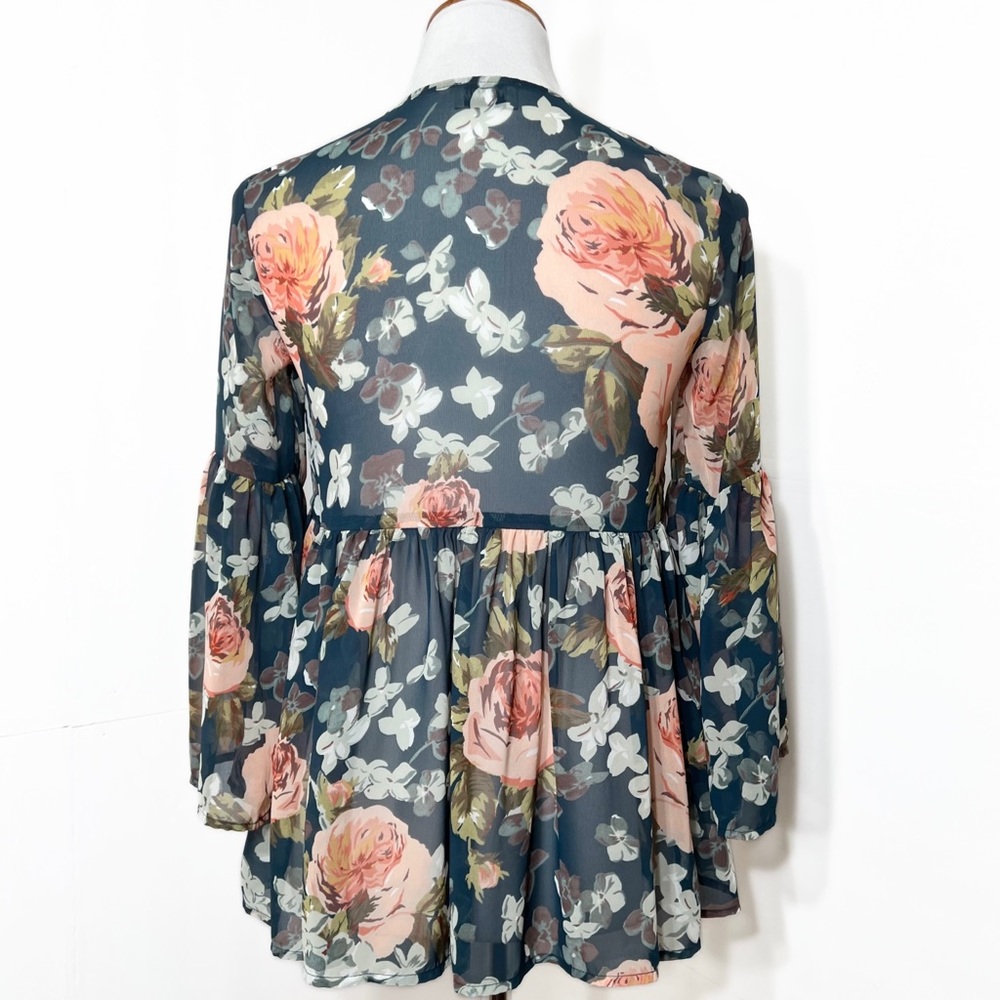 Show Me Your Mumu Teal Floral Tie Neck Bell Sleeve Ruffled Peplum Peasant Blouse - Picture 5 of 9